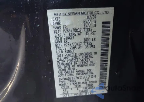 2007 Nissan Titan Se z USA, uszkodzony, nr VIN 1N6BA07B57N237204